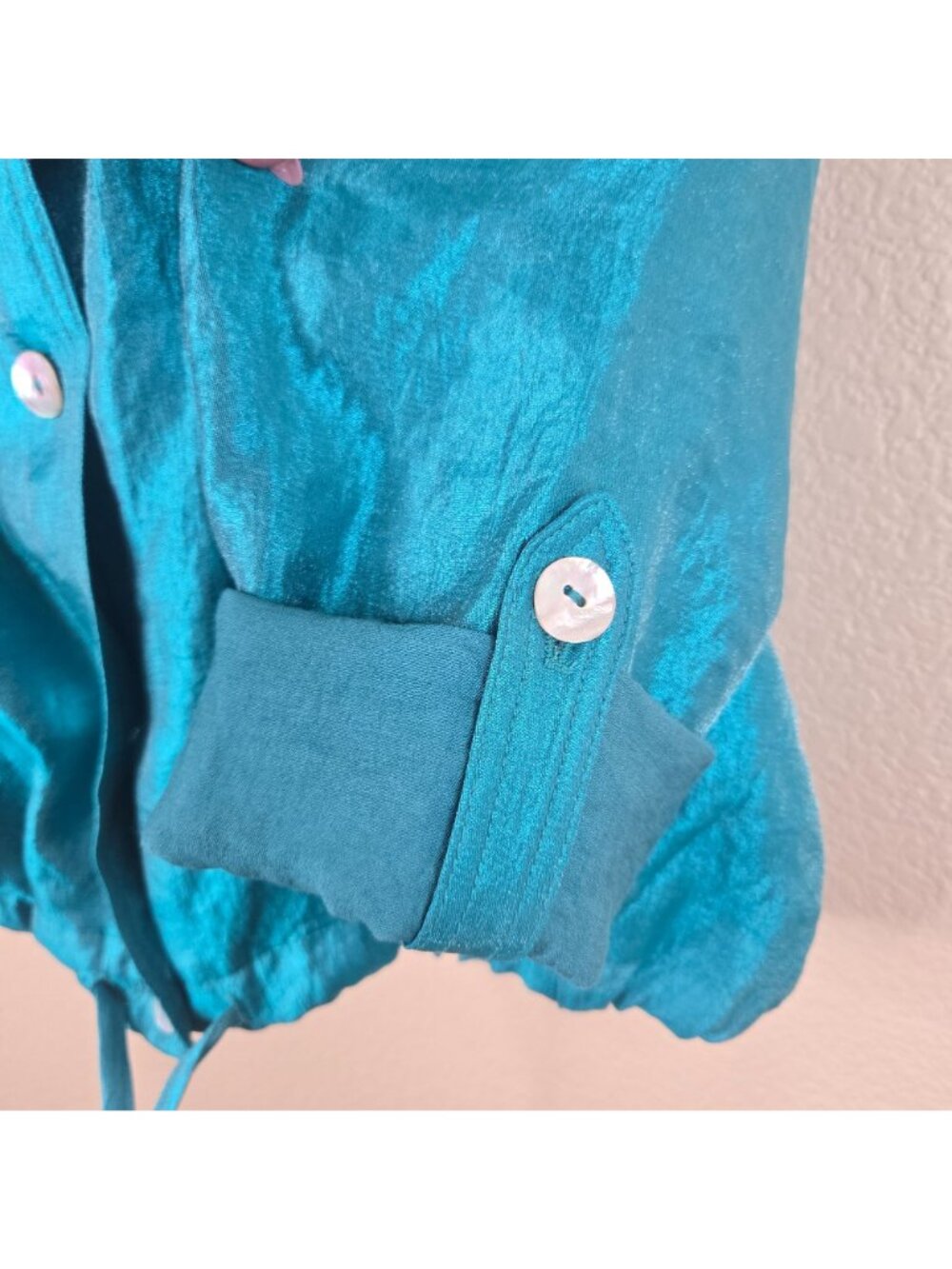 Vintage 90s Teal Blue Button-Up Drawstring Jacket Womens L Metallic Cropped - Picture 7 of 8